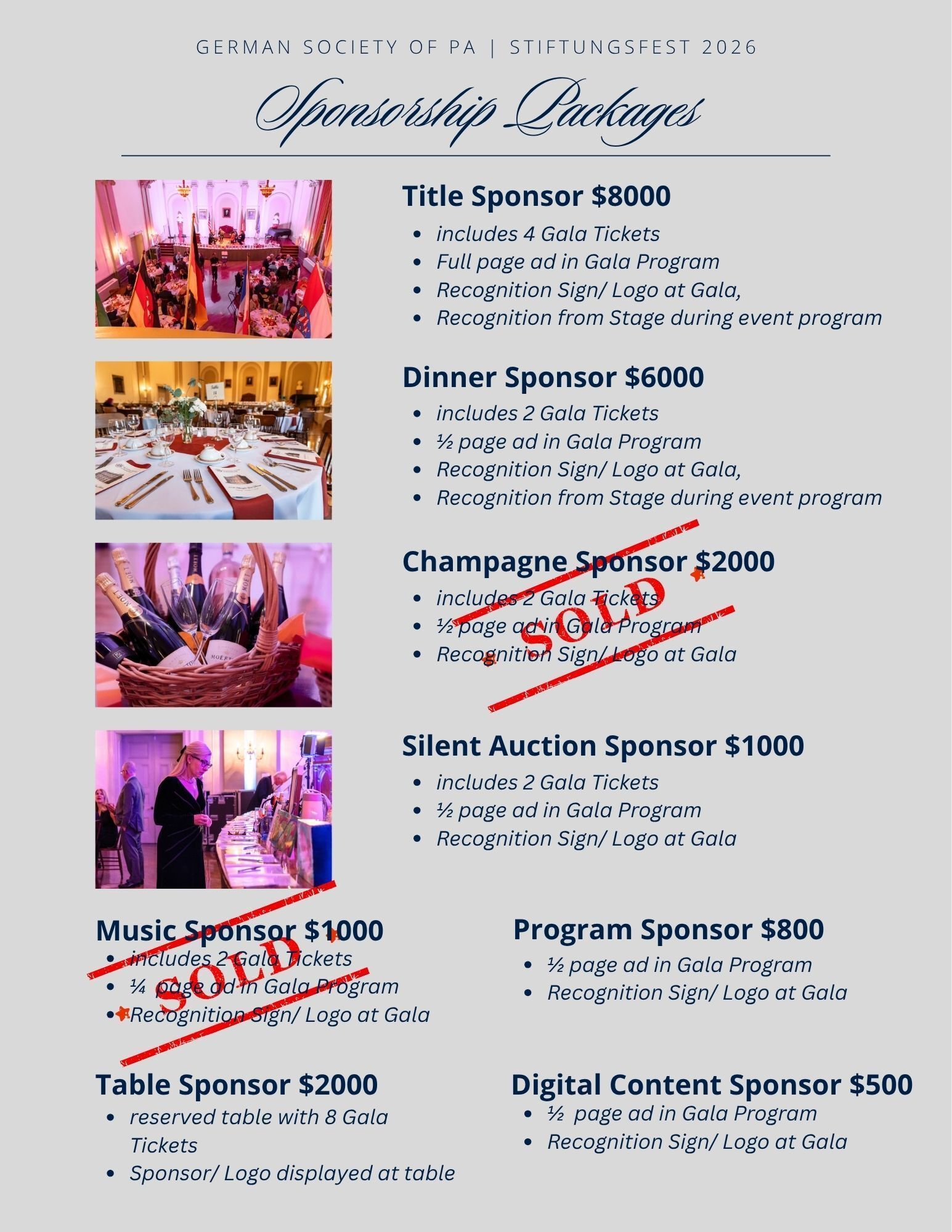 Sponsor flyer for a “Sincerely Yours” gala with sponsor levels and event photos on a gray background