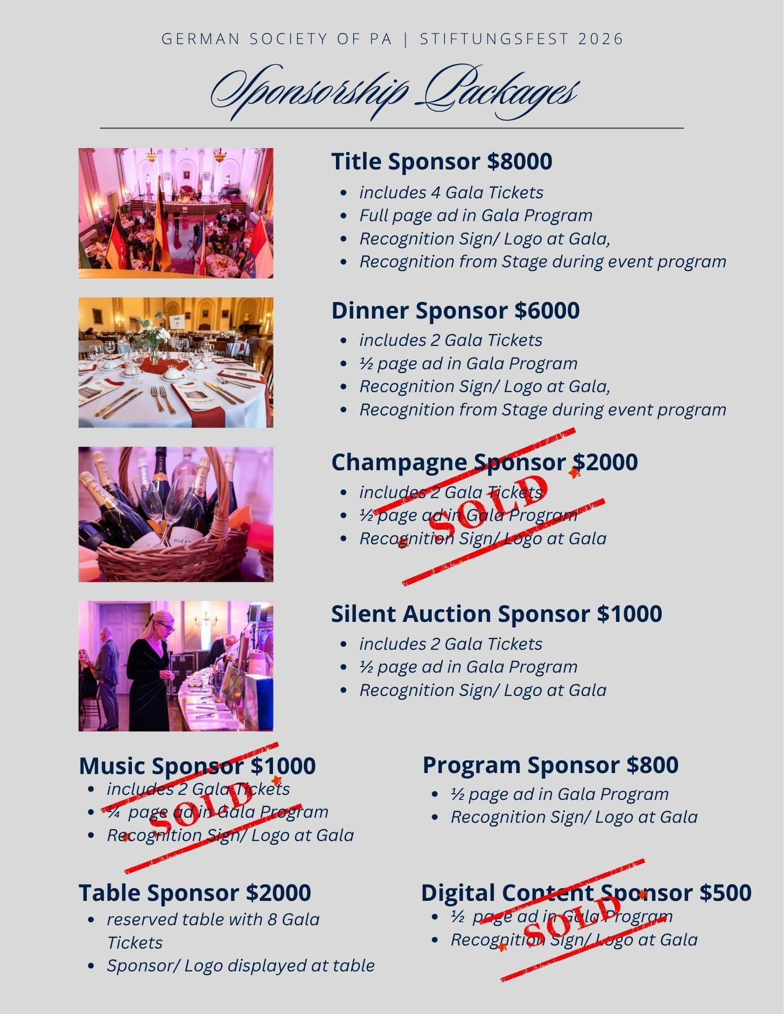 Sponsor flyer for a “Sincerely Yours” gala with sponsor levels and event photos on a gray background