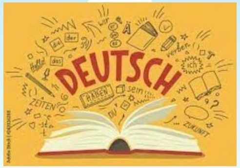 Open book with “DEUTSCH” in red on a yellow background, surrounded by German words and doodles