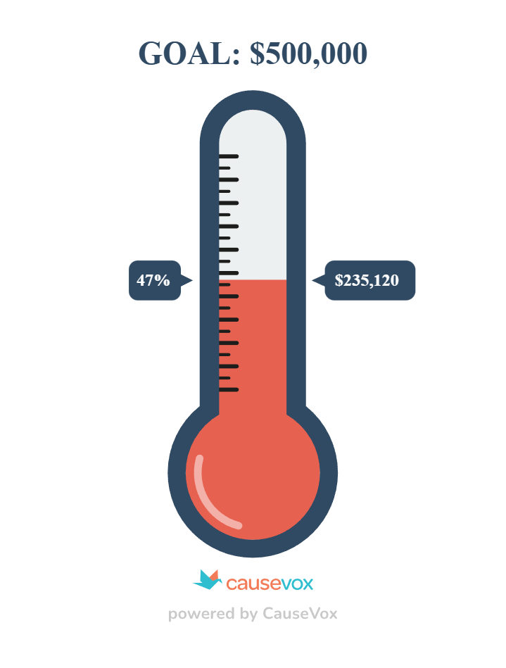 Fundraising thermometer at 47% of $500,000 goal, showing $235,124 raised in red.
