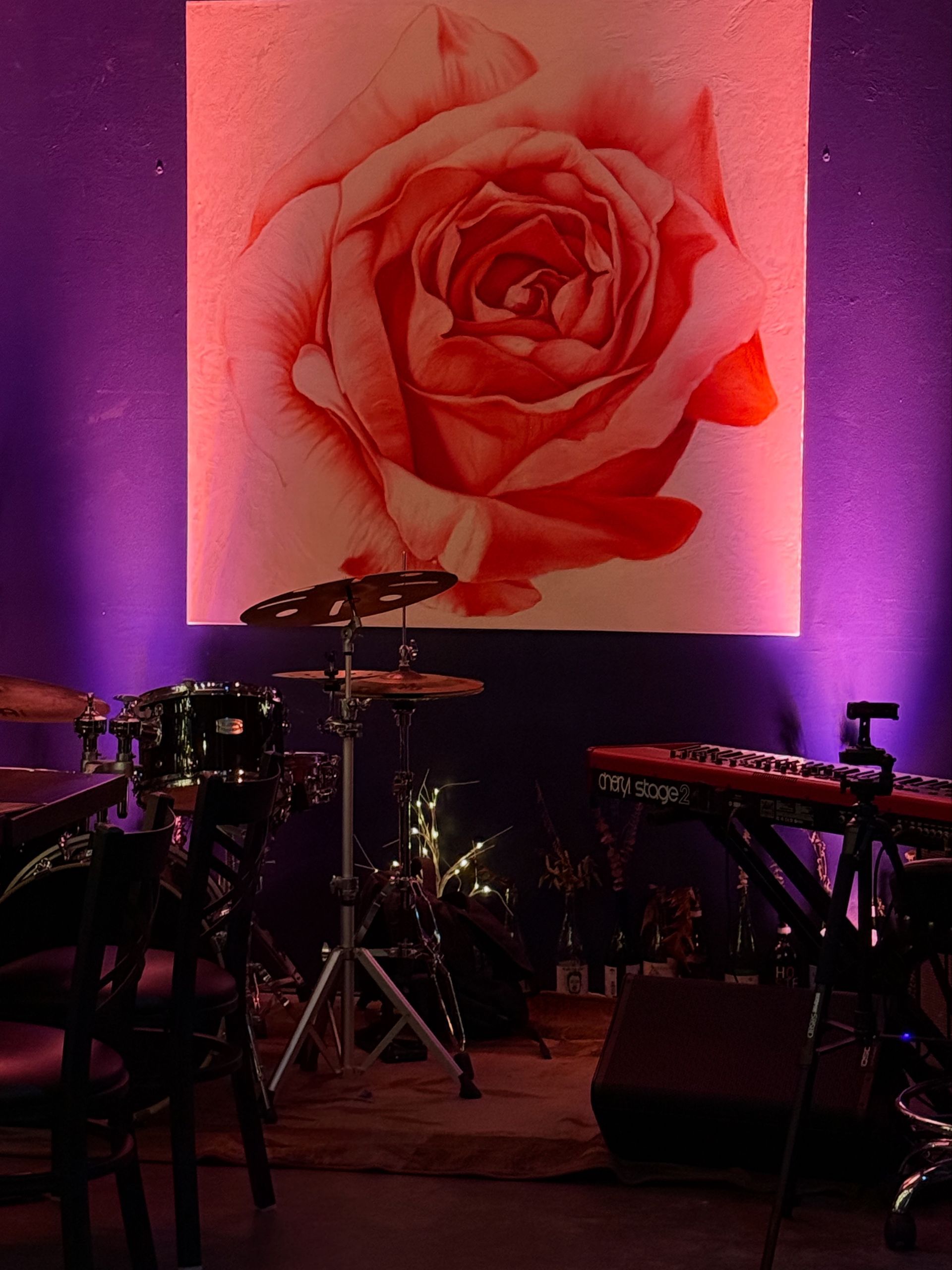 Musical instruments set up in front of a painting of a rose, illuminated by pink and purple lighting.