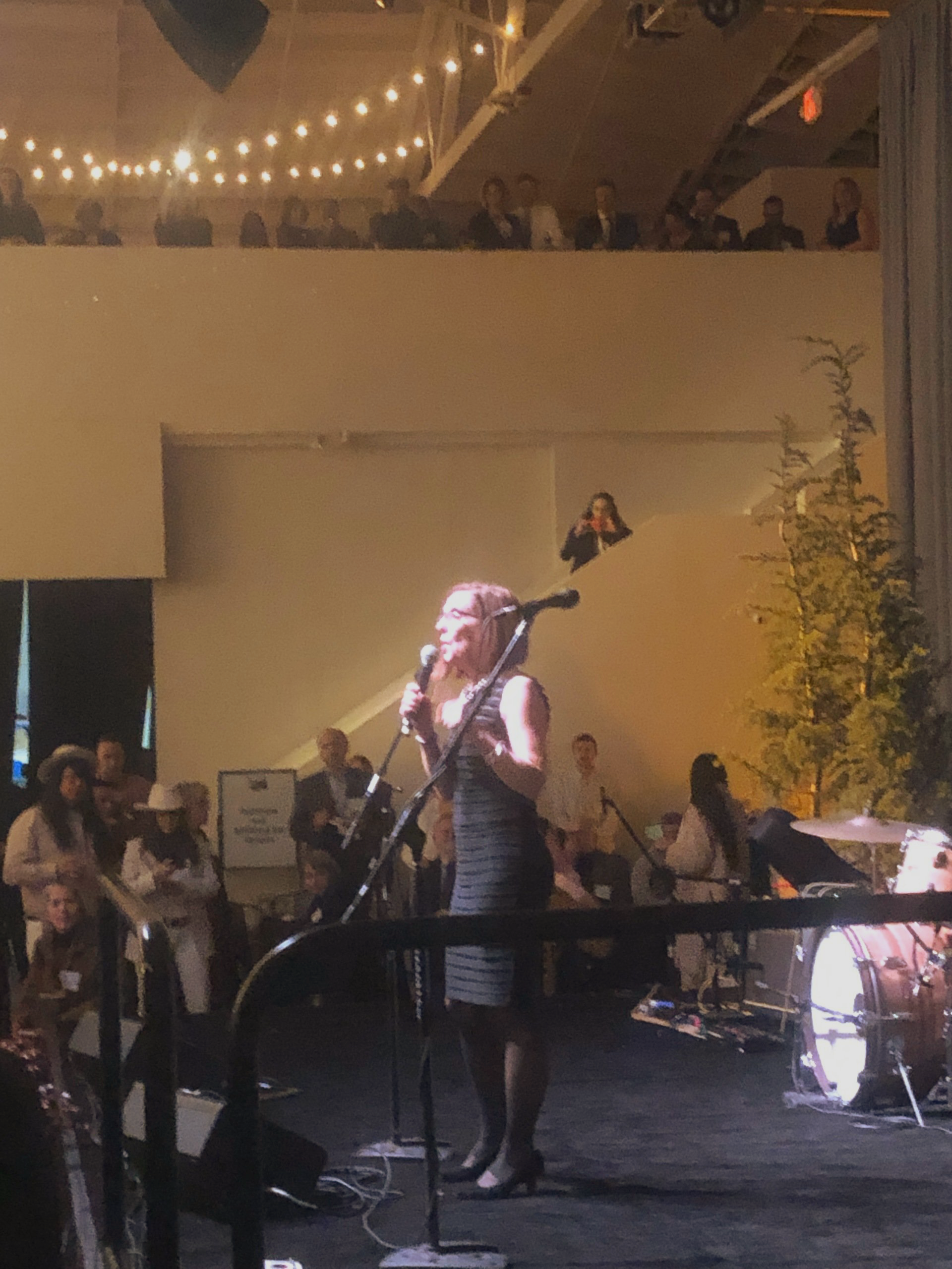 Woman singing on stage, wearing a striped dress. Band and audience in background.