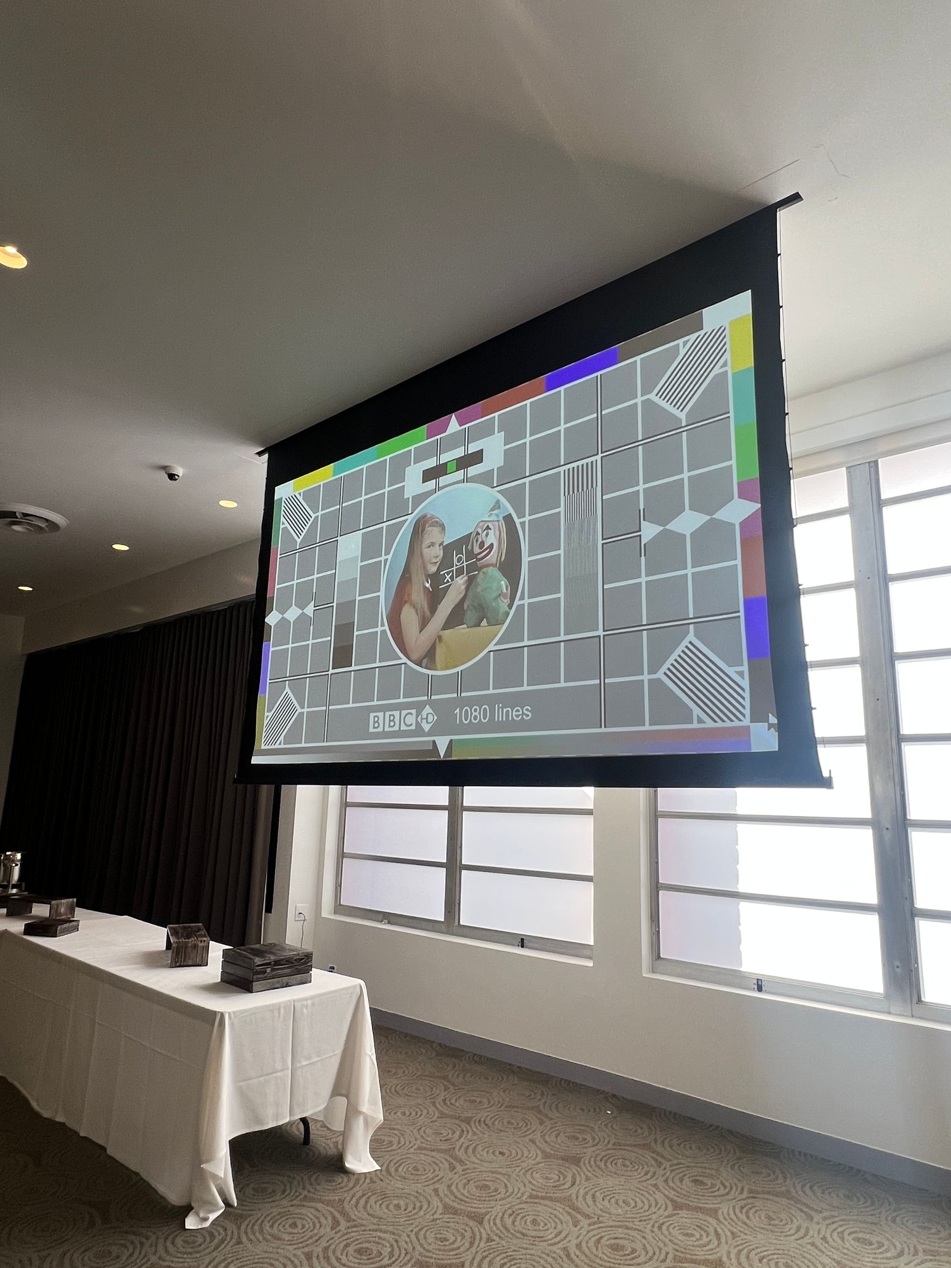Projector screen displaying a color test pattern in a brightly lit room, near a window and a table with projectors.