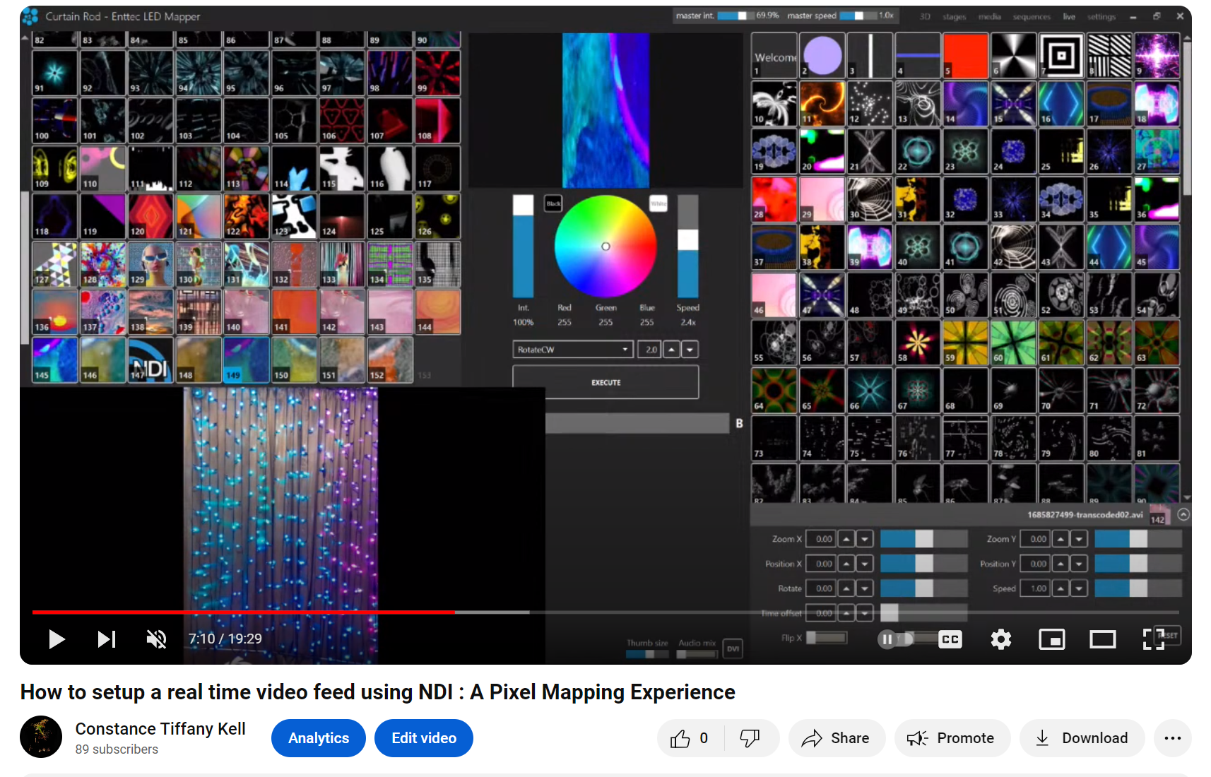 Screenshot of a software interface used for video mapping, featuring color selectors, visual effects, and a video feed.