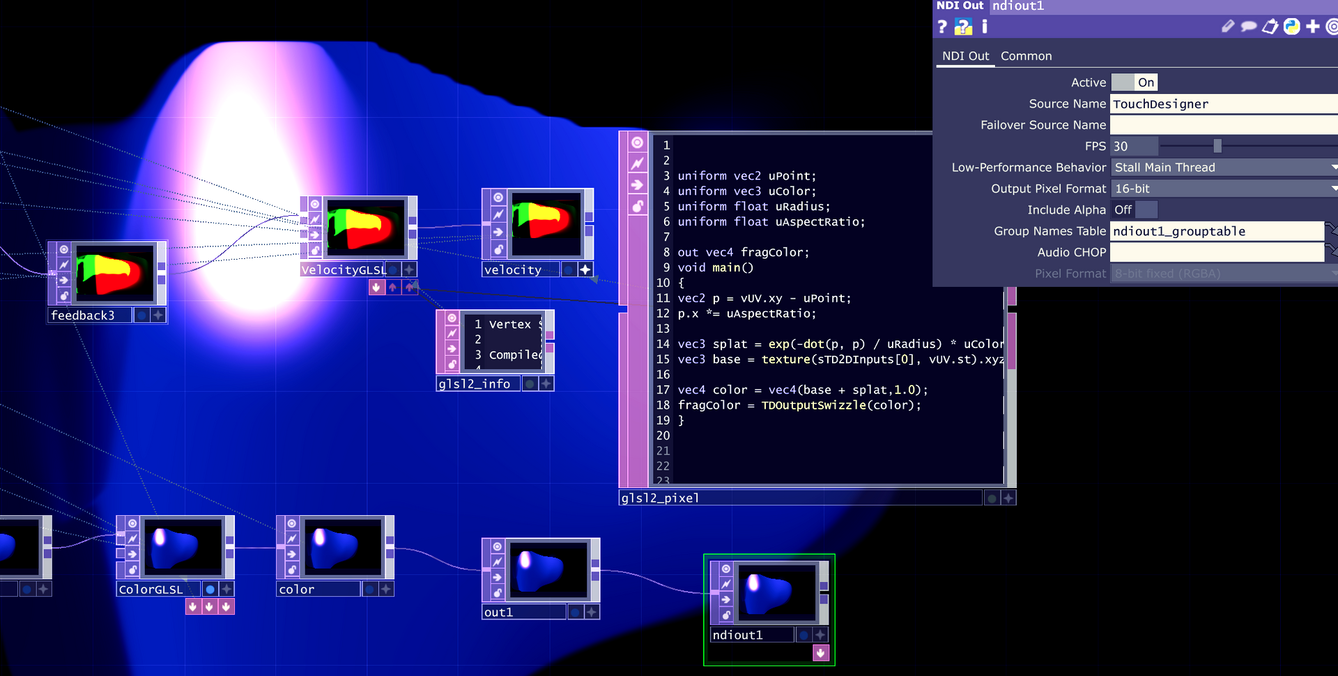 A blue digital art display with connected windows showing data and settings.