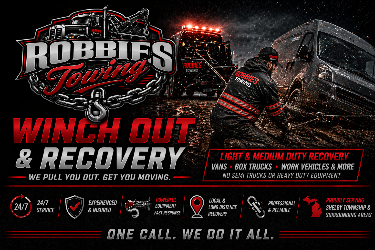 Winch-out recovery service pulling stuck vehicle in Shelby Township, Michigan