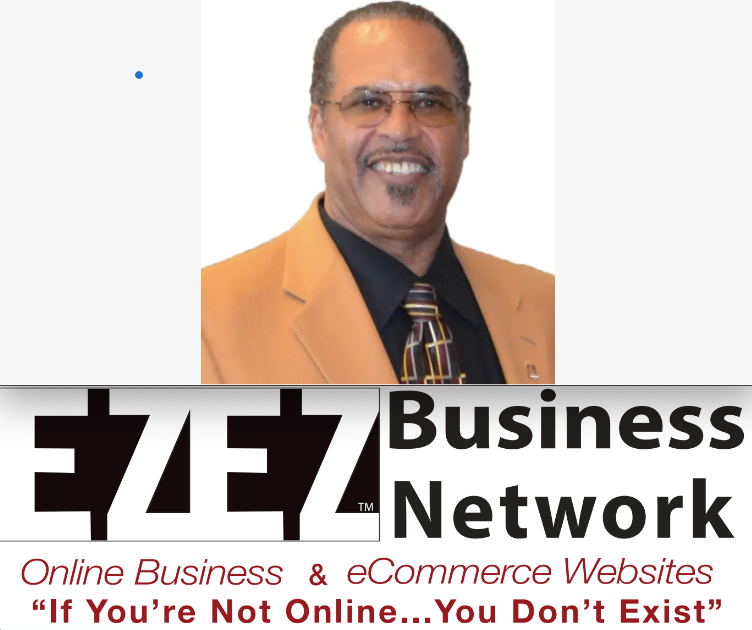 Man in tan suit with the EZEZ Business Network logo. The logo promotes online business and eCommerce websites.