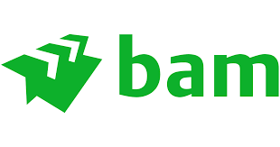 Green "bam" logo with abstract upward-pointing arrow shape.