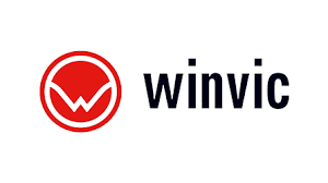 Logo for Winvic. Red circle with white "W" inside, next to the word "winvic" in black.