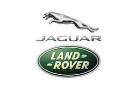 Jaguar logo above Land Rover logo. Jaguar is a silver leaping cat. Land Rover logo is green oval.