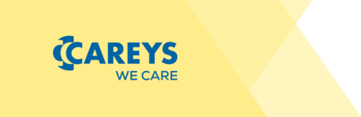 Careys logo with blue text on a yellow background, featuring "CAREYS" above "WE CARE".