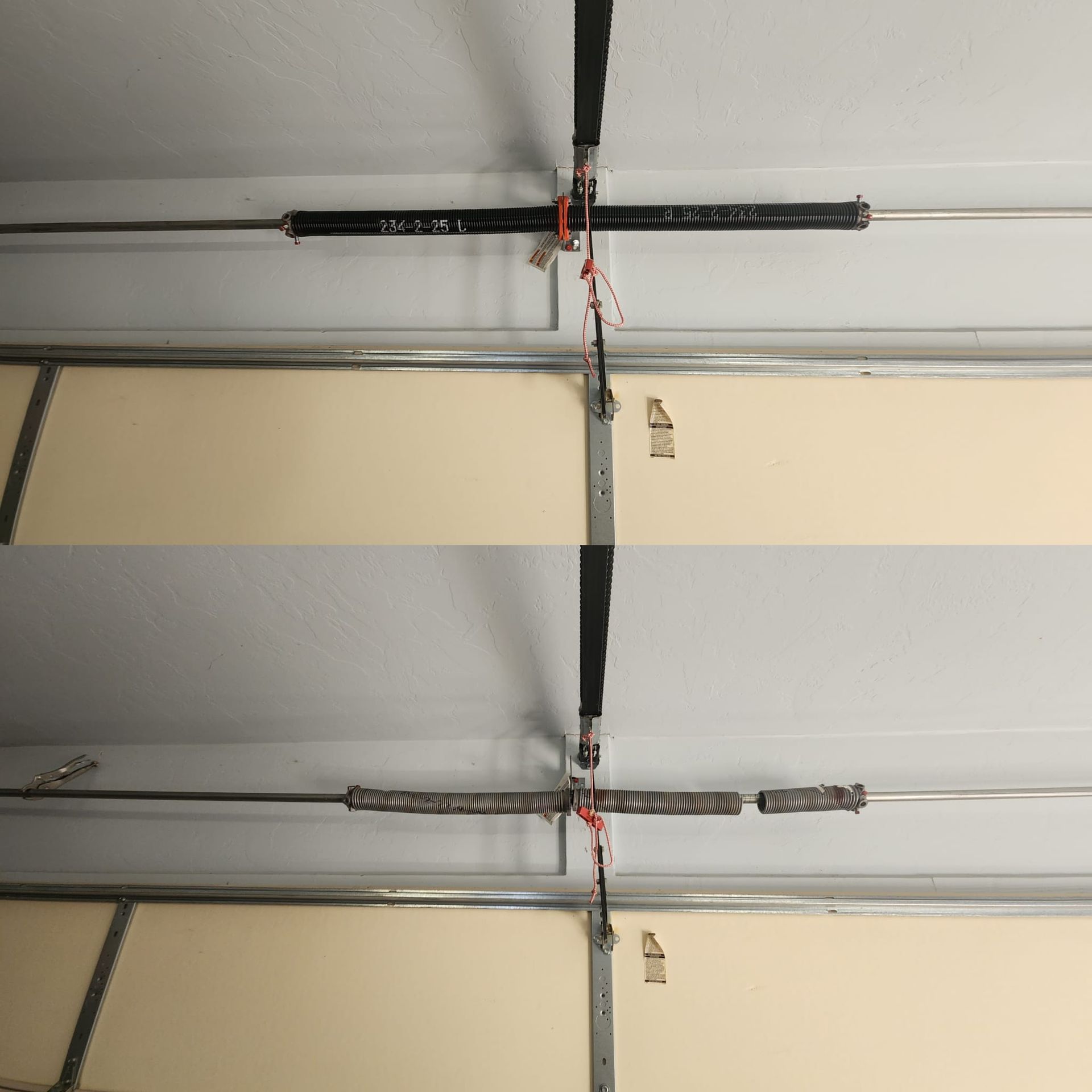 Garage ceiling with two horizontal black bars and a vertical support aligned at center.