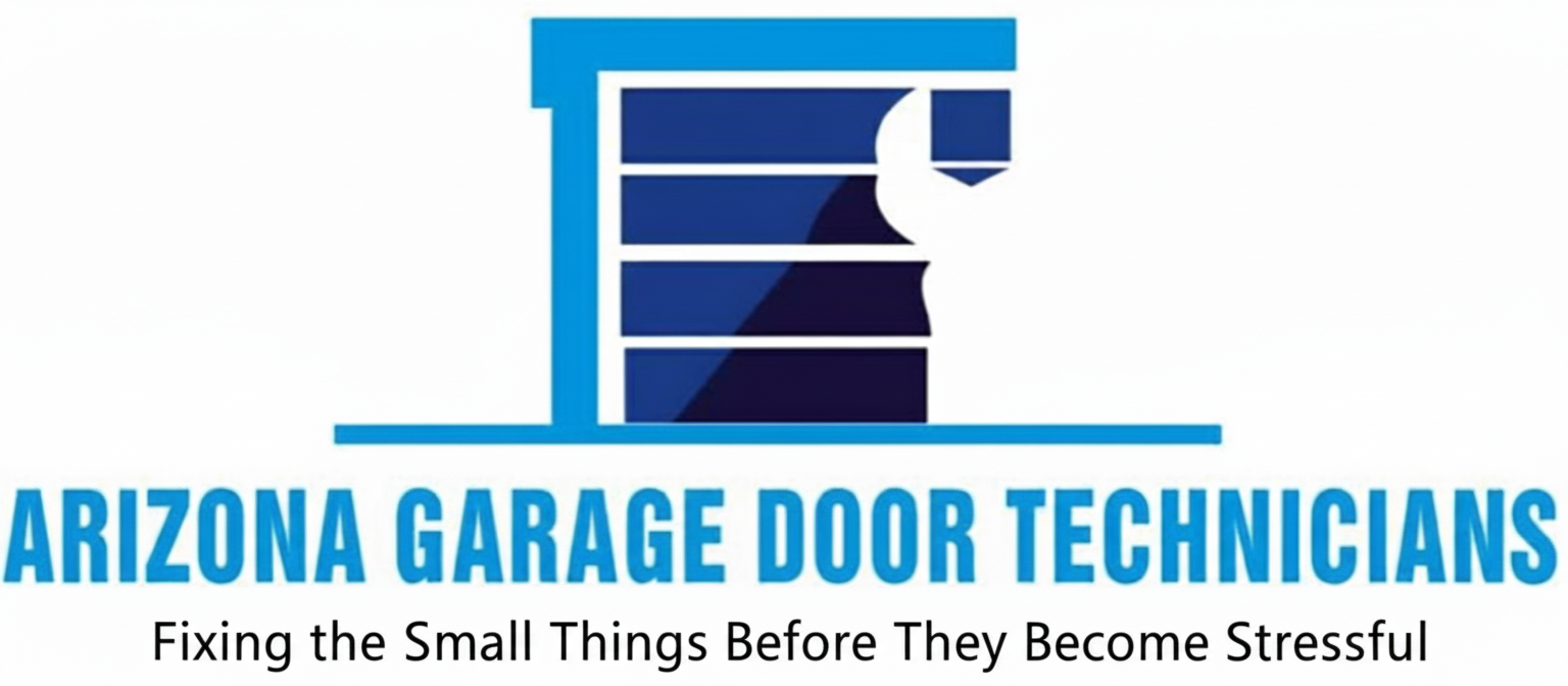 Blue logo for Arizona Garage Door Technicians with the slogan “Fixing the Small Things Before They Become Stressful”