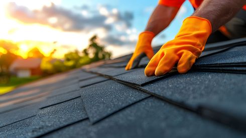 person with orange gloves on top of the roof