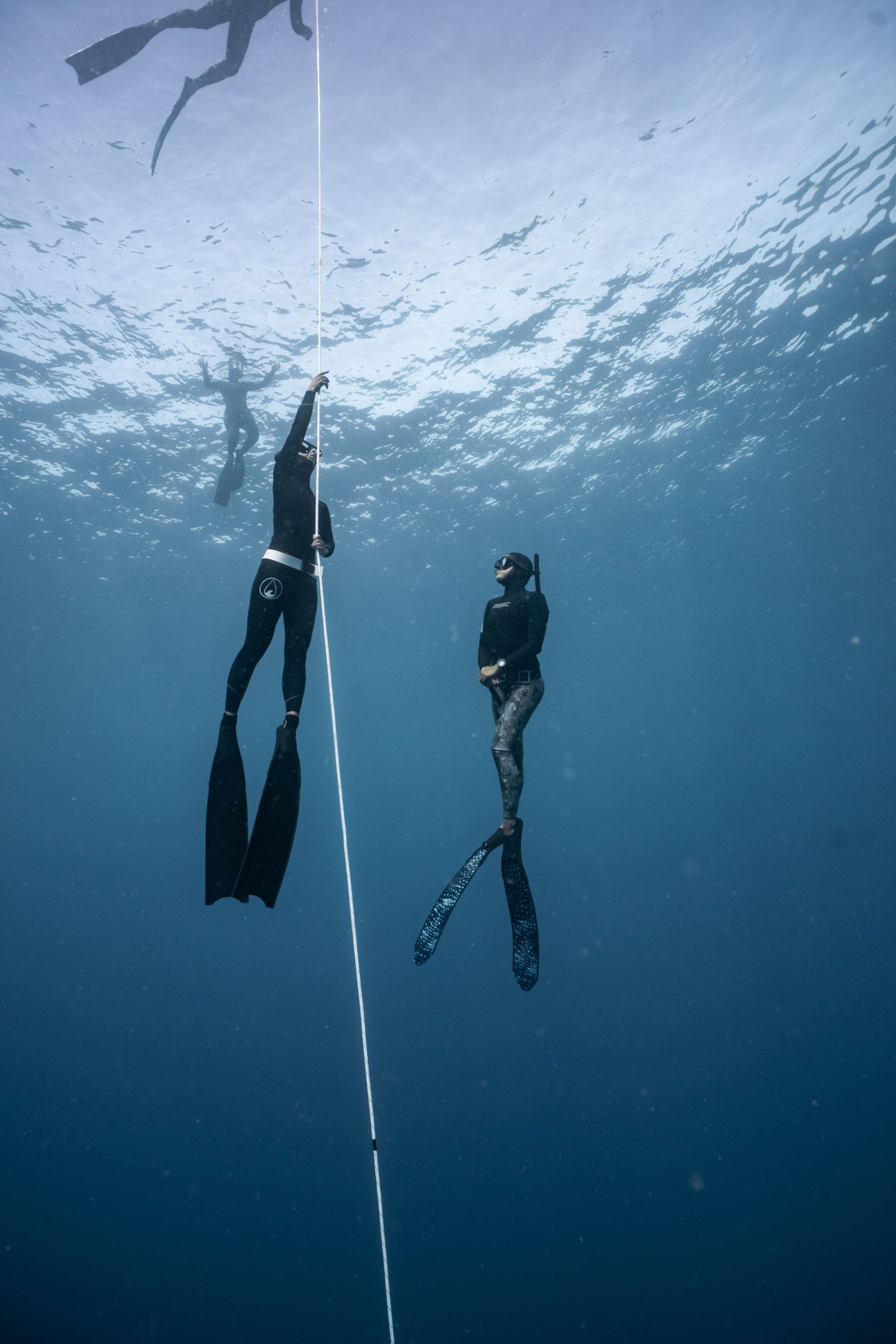 A couple of people are freediving in the ocean.
