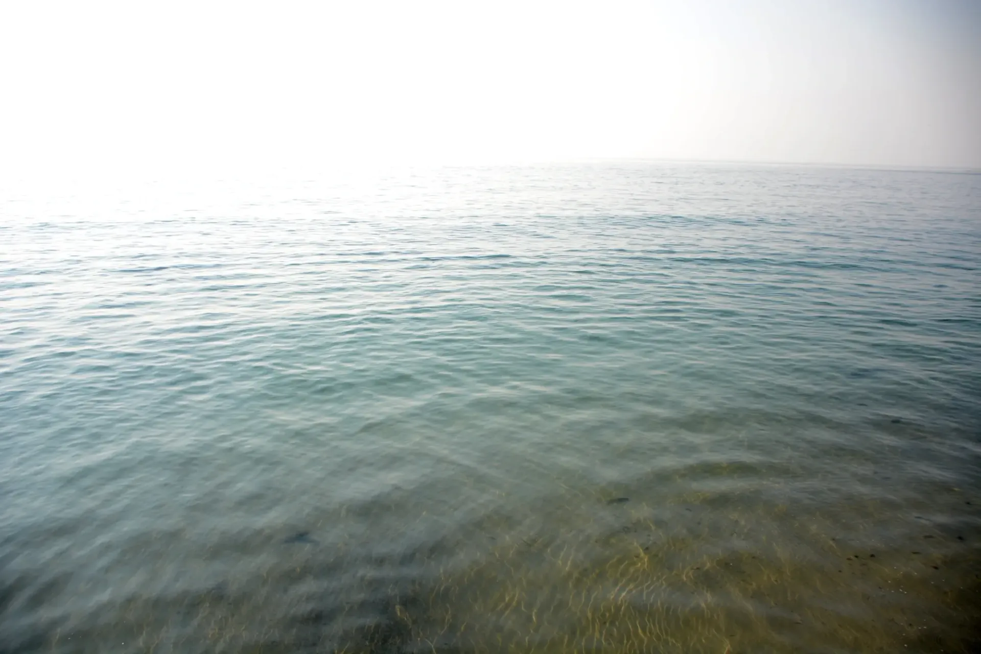 A large body of water with a white sky in the background.
