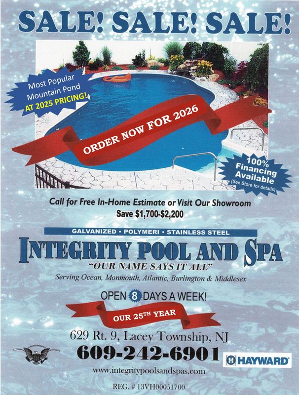 Blue sale flyer for Mighty Pool and Spa with red “open now” ribbon and contact number 609-212-6901