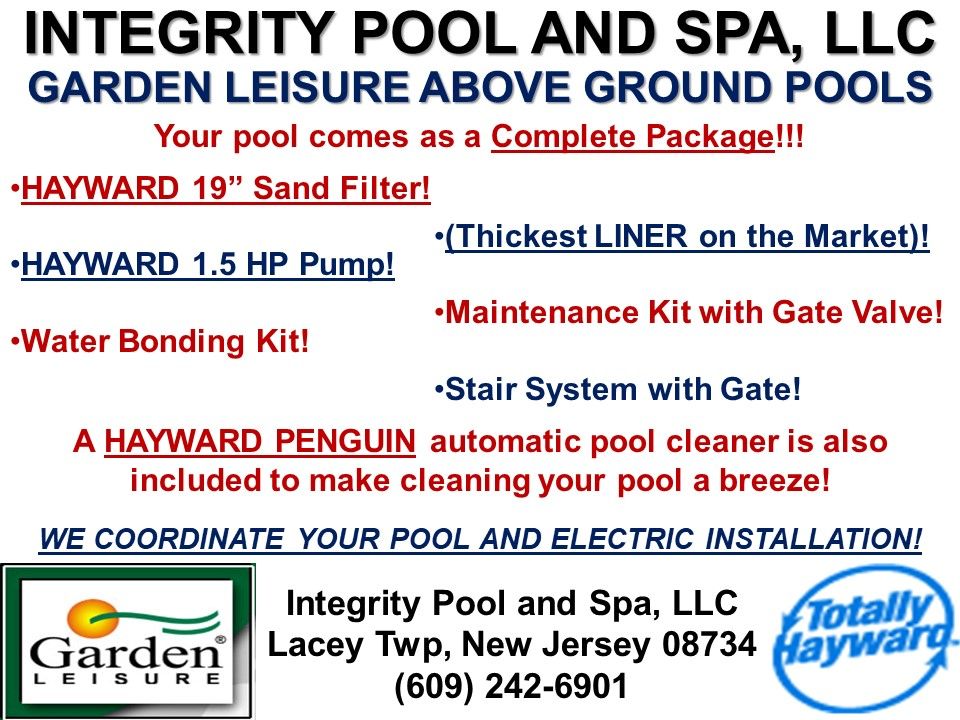 An advertisement for integrity pool and spa llc garden leisure above ground pools