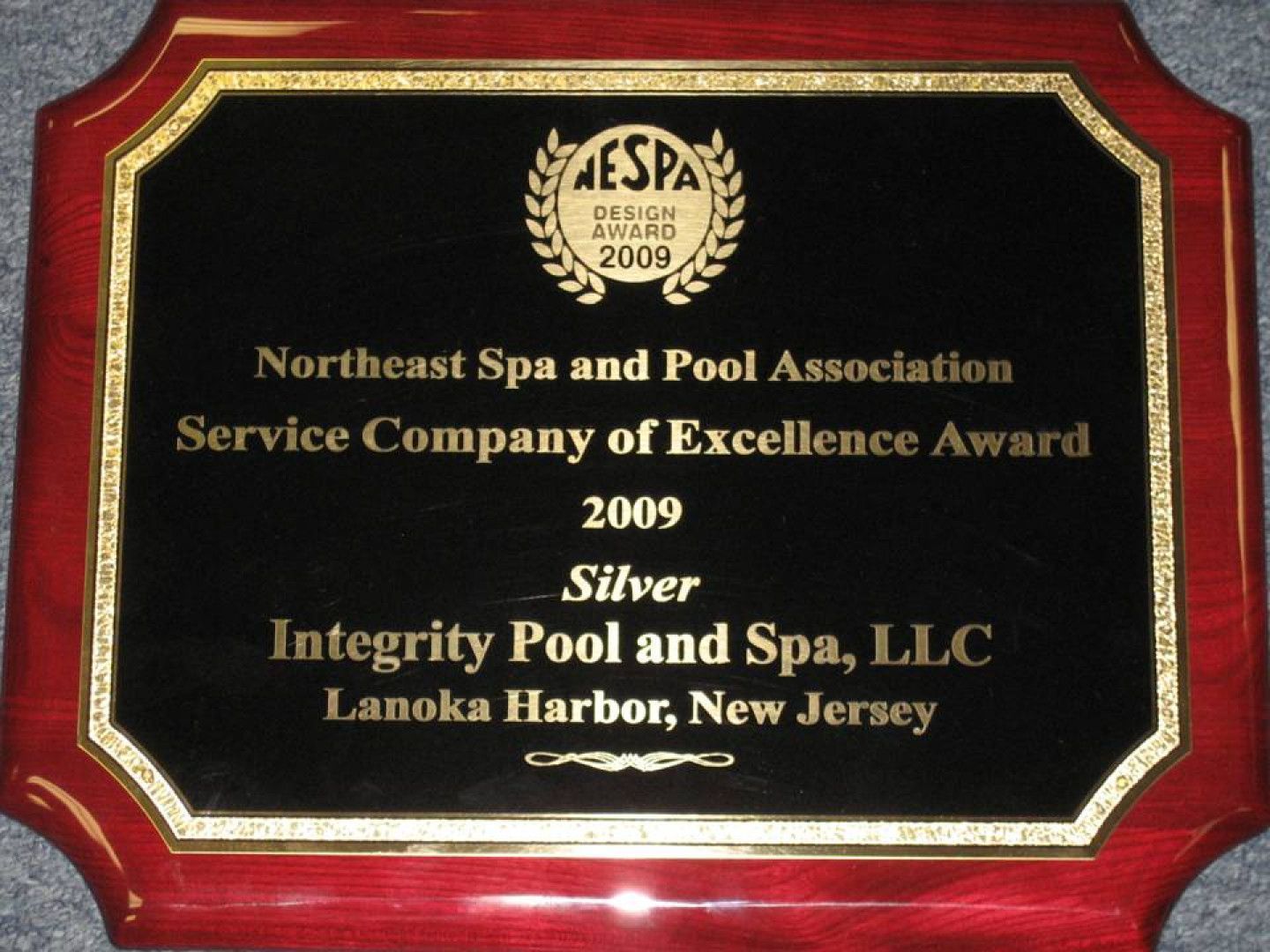 Northeast spa and pool association service company of excellence award 2009 integrity pool and spa llc lanoka harbor new jersey