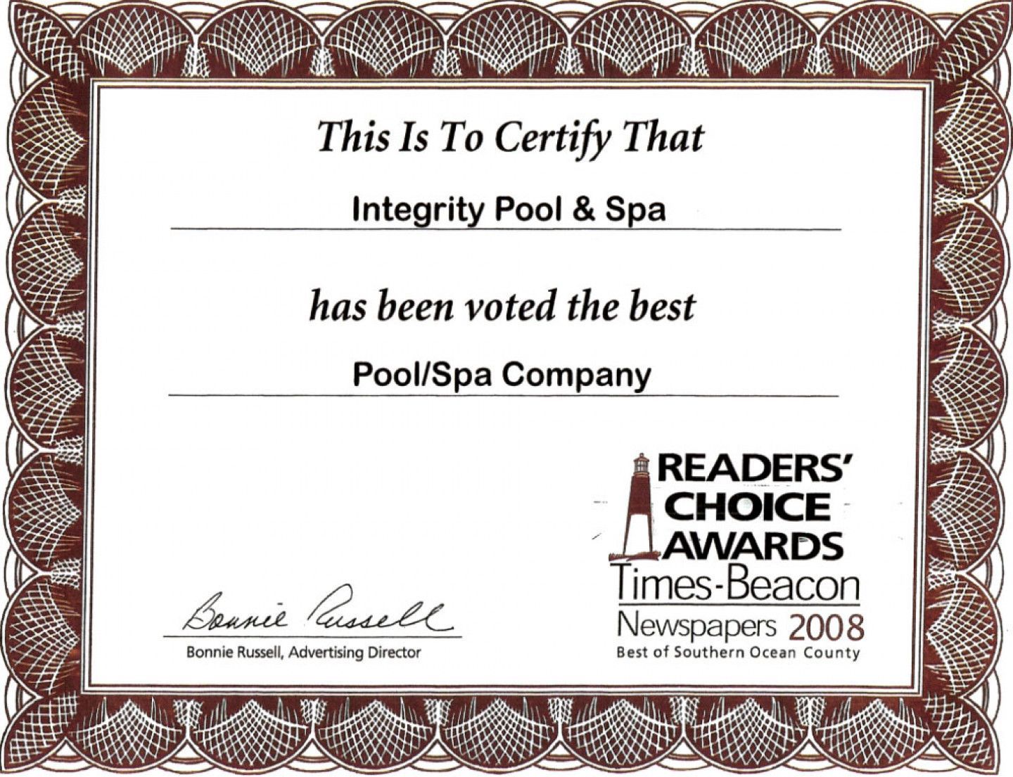 A certificate that says this is to certify that integrity pool & spa has been voted the best pool spa company