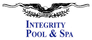 Integrity Pool & Spa logo with blue text and black decorative wave graphic on white background