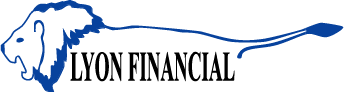 A blue and white logo for lyon financial
