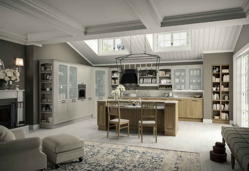 Gala è un classico contemporaneo, una cucina che sa adattarsi alle architetture domestiche più diverse. Il modello sposa il concetto di flessibilità proponendo numerosi elementi di integrazione alla tipica anta con cornice per caratterizzare ogni progetto in una direzione più tradizionale o
più attuale: dal piedino a cipolla alle maniglie, dalla scelta della finitura alla schiena dogata, dalla cimasa ai moduli come la piattaia. Ogni dettaglio contribuisce ad esprimere il personale gusto classico, un classico dove eleganza e dinamismo convivono in un perfetto equilibrio senza tempo.