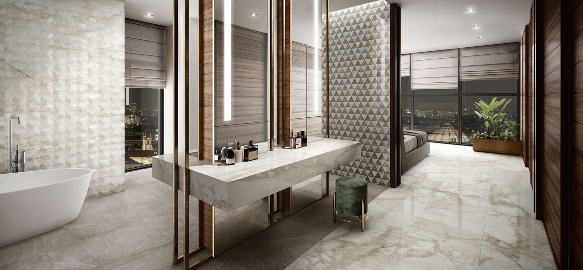 Majestic
La collezione di piastrelle e lastre Majestic si ispira alle texture arabescate di marmi come Carrara, Grigio Verona, Nero Levanto, Onice, Nero Marquinia e Bianco Arabescato.
La collezione esce volutamente dai classici schemi di posa delle superfici effetto marmo e interpreta la decorazione d’interni con gusto haute couture.
Piastrelle e lastre di grandi dimensioni interpretano le venature di marmi pregiati in otto tonalità con oltre 150 grafiche diverse per simulare l’eterogeneità dei materiali naturali. Ai numerosi formati e finiture si abbinano decorazioni e mosaici.