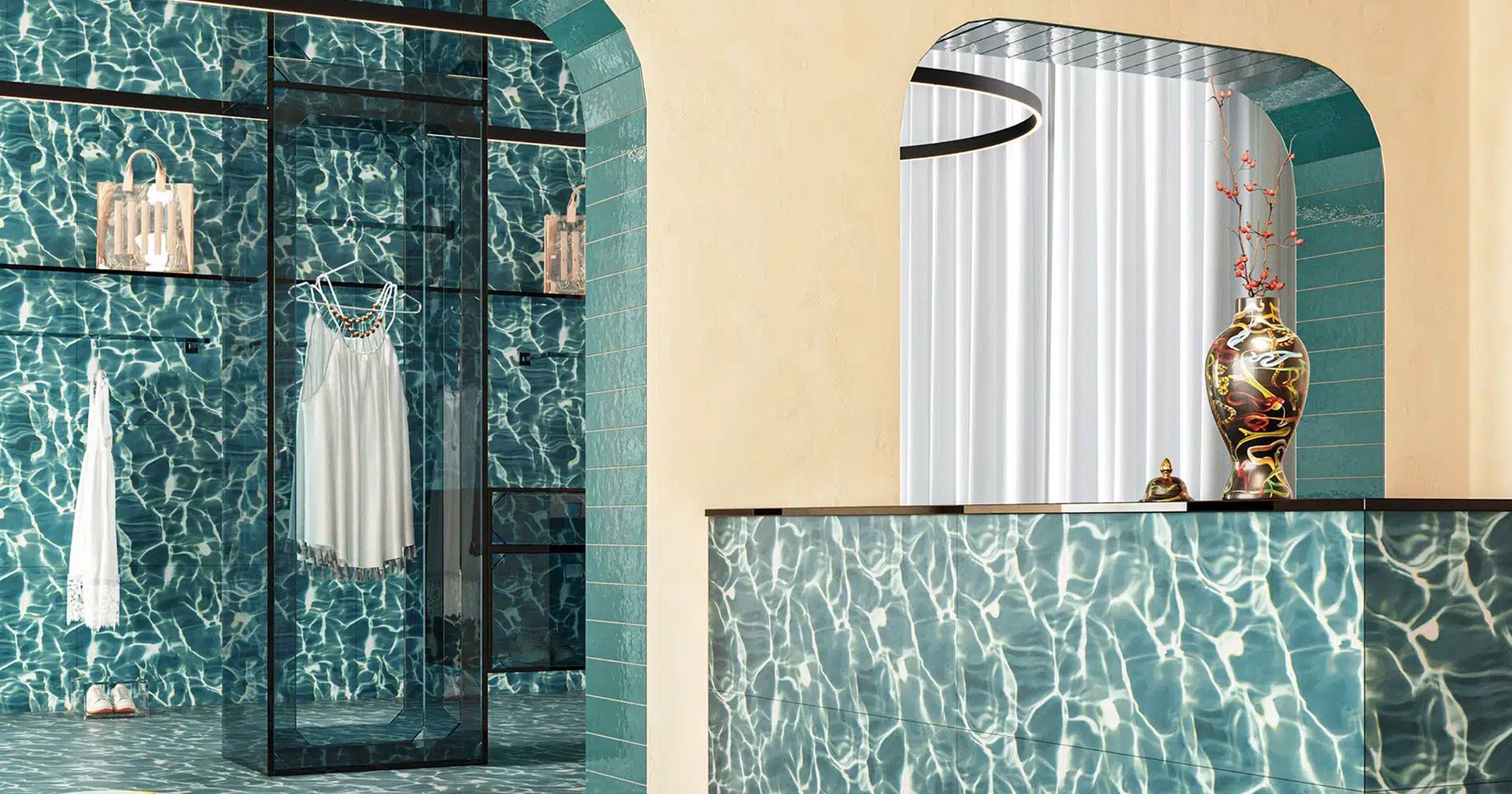 Elements è una serie che vede protagonista la natura e i suoi elementi, l’acqua e le nuvole: grazie al grande formato 60×120 cm delle piastrelle (combinabili a pattern A+B e realizzate grazie a tecnologie di stampa digitale a “terzo fuoco” ad alto valore aggiunto) è possibile realizzare ambientazioni immersive portando nell’interior la magia del mondo esterno. Camminare su un cielo azzurro punteggiato da morbide nuvole o sentirsi avvolti da acque cristalline diventa così possibile: la percezione si ribalta trasformando radicalmente gli spazi interni.
