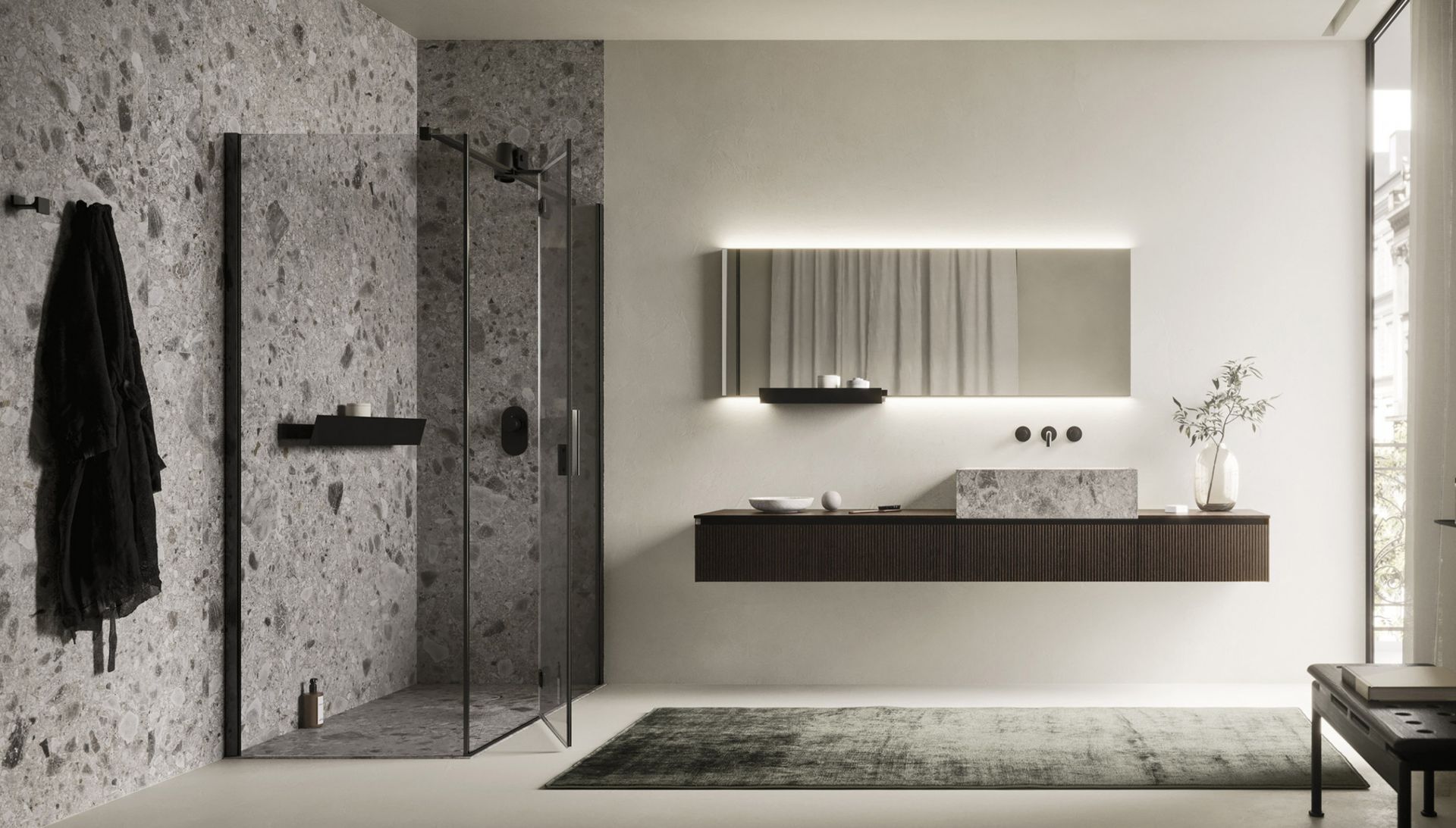Code è una collezione perfettamente in linea con gli attuali trend dell’arredo bagno ed è orientata a creare ambienti con una forte vocazione al design e al benessere. L’ampia gamma di finiture disponibili, i pensili e le consolle di ogni tipo, unite alla vasta selezione di complementi, offrono un altissimo livello di personalizzazione, dando vita a realizzazioni sartoriali in grado di soddisfare qualsiasi esigenza d’arredo. Con presa maniglia integrata e caratteristico taglio a 45° su fianchi e frontali, Code si contraddistingue per la sua modularità e raffinatezza dei materiali che consentono di creare accostamenti di finiture differenti come legno rovere, eucalipto e laccato opaco e  velvet.
