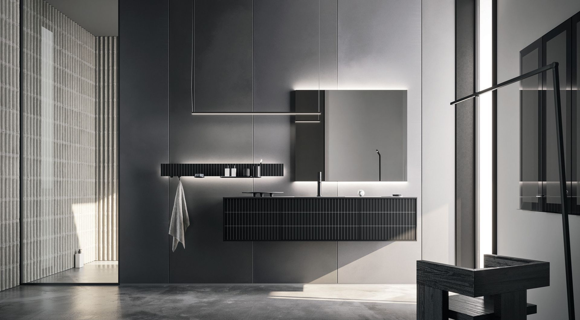 Dall’incontro fra linee essenziali e molteplici possibilità compositive nasce un progetto che dà forma e vita alle più diverse interpretazioni dell’ambiente bagno. La caratteristica anta liscia del modello sky si arricchisce di un’inedita texture rigata dai suggestivi effetti ottici, realizzata con la tecnica della stampa digitale. Fil rouge stilistico sono le righe proposte in un gioco di orizzontali e verticali che permettono di creare grafiche sofisticate grazie alle tre varianti Gessato, Tartan e Golden.