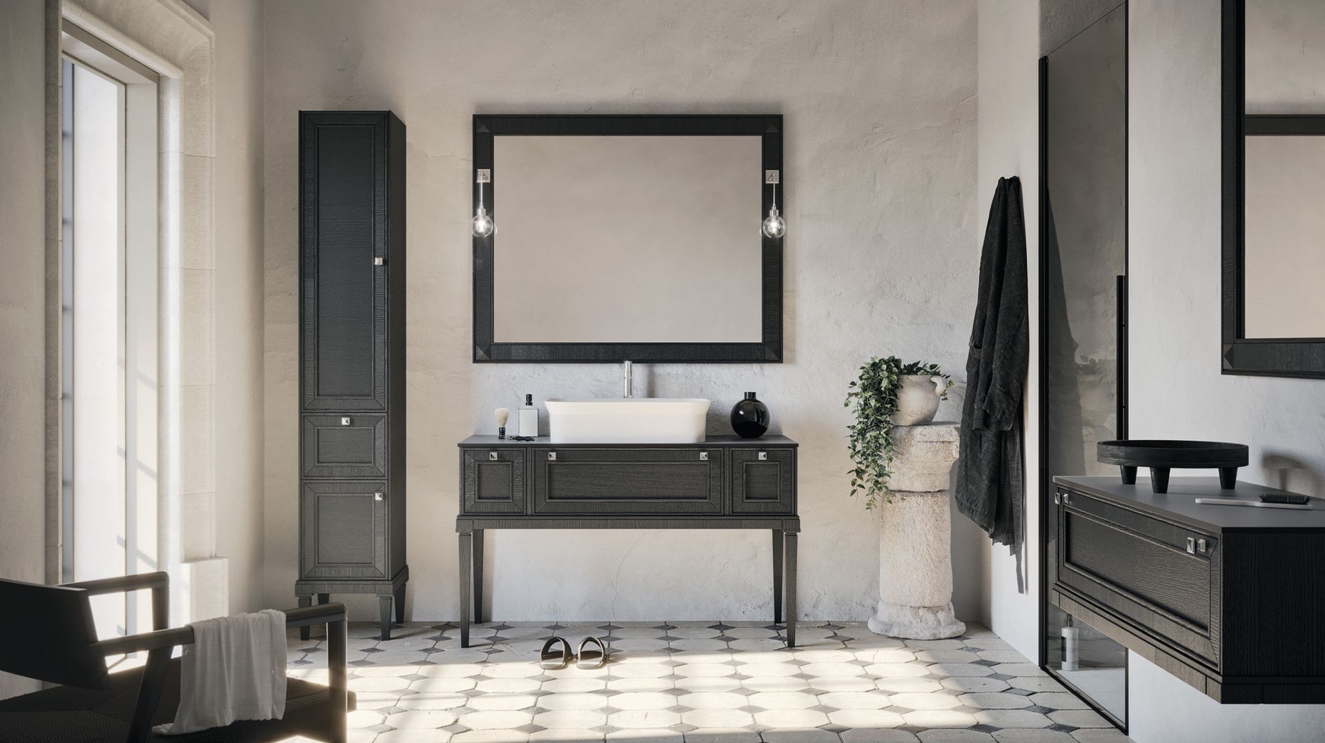 Augusto è il programma di arredo bagno classico firmato Arbi che, grazie alle sue peculiarità, è in grado di inserirsi con disinvoltura sia in un contesto moderno che in un ambiente bagno più tradizionale. Caratterizzato da linee ricercate dallo stile intramontabile, il modello Augusto soddisfa i gusti più tradizionali e consueti. Il legno è incontrastato protagonista, insieme al caratteristico pomolo Prisma. Il fregio a diamante e le cornici diventano ulteriori peculiarità del modello, firme di un intramontabile stile.