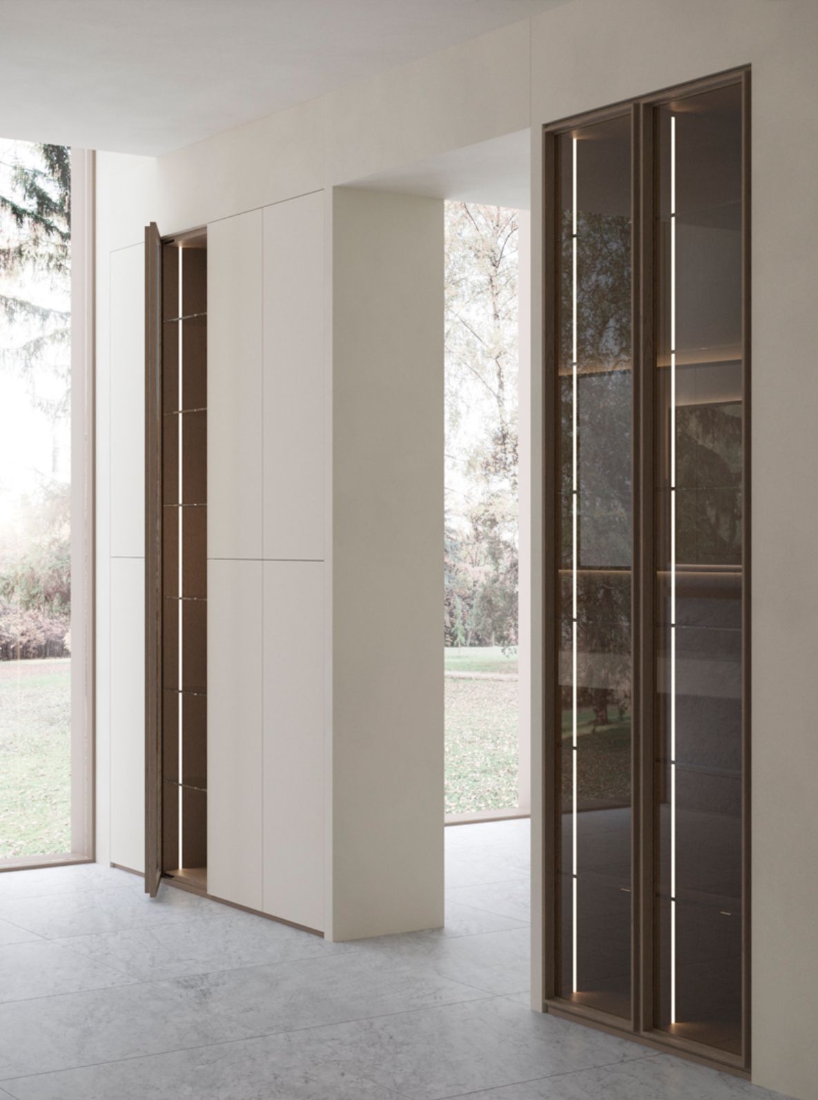 Le colonne armadio Wardrobe hanno una struttura in multistrato di betulla spessore 25m disponibile in finitura laccata o impiallacciata. Sono disponibili vari tipi di anta o versioni a giorno. L’interno può essere attrezzato con ripiani porta scarpe o in legno o in alluminio e vetro, cassettiere interne, bastoni porta abiti e illuminazione interna. Sono realizzate su misura in base alle richieste del cliente permettendo una installazione anche in nicchia con pochi millimetri di tolleranza senza ricorrere a fasce di tamponamento.