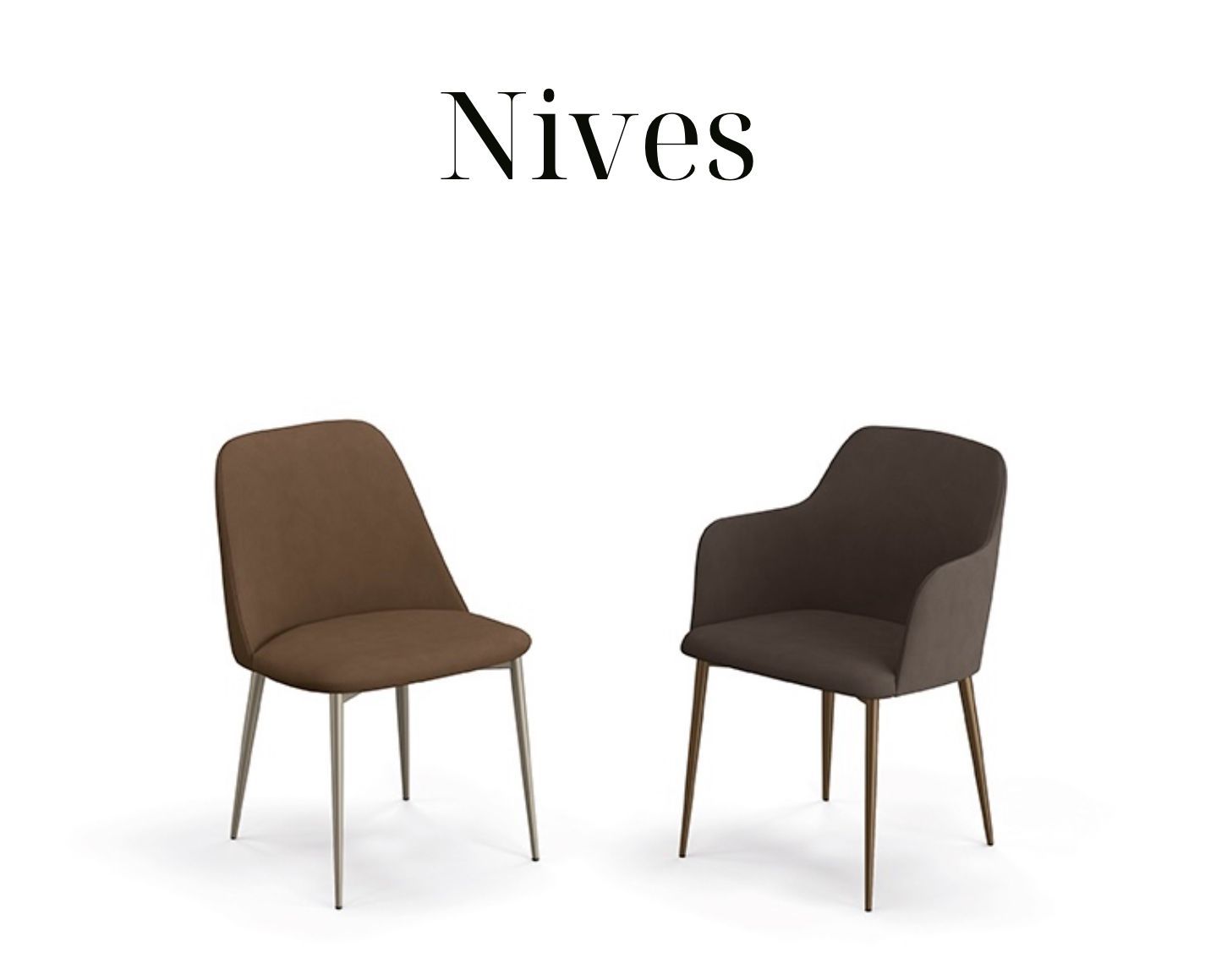 Eleganti e di design la sedia e la poltroncina Nives sono anche estremamente accoglienti grazie alla seduta imbottita e ai braccioli che assicurano avvolgenza e comodità. Le linee dolci e sinuose, la versatilità, l'ergonomia della seduta e dello schienale rendono Nives una vera e propria icona di comfort. L’alta qualità dei materiali, la cura sartoriale della realizzazione e i numerosi rivestimenti e finiture fanno di Nives l'elemento d'arredo giusto per conferire eleganza e forte personalità a qualsiasi ambiente. Le gambe sono personalizzabili in metallo verniciato nelle finiture Ottone scuro, Nero, Antracite e Sabbia per incontrare ogni esigenza.