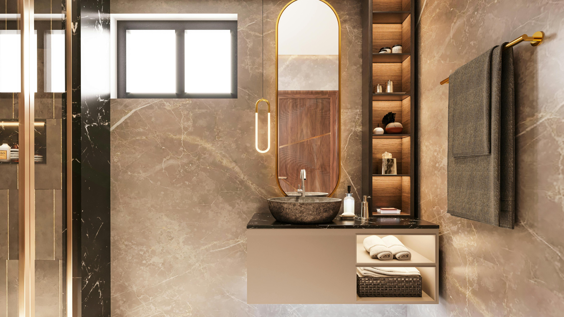 Modern bathroom vanity with a vessel sink, arched mirror, illuminated shelves, and hanging towel on marble-tiled walls.