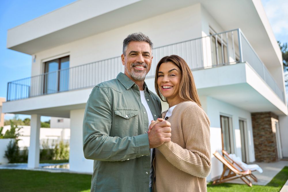 A man and a woman are standing in front of a house holding hands.