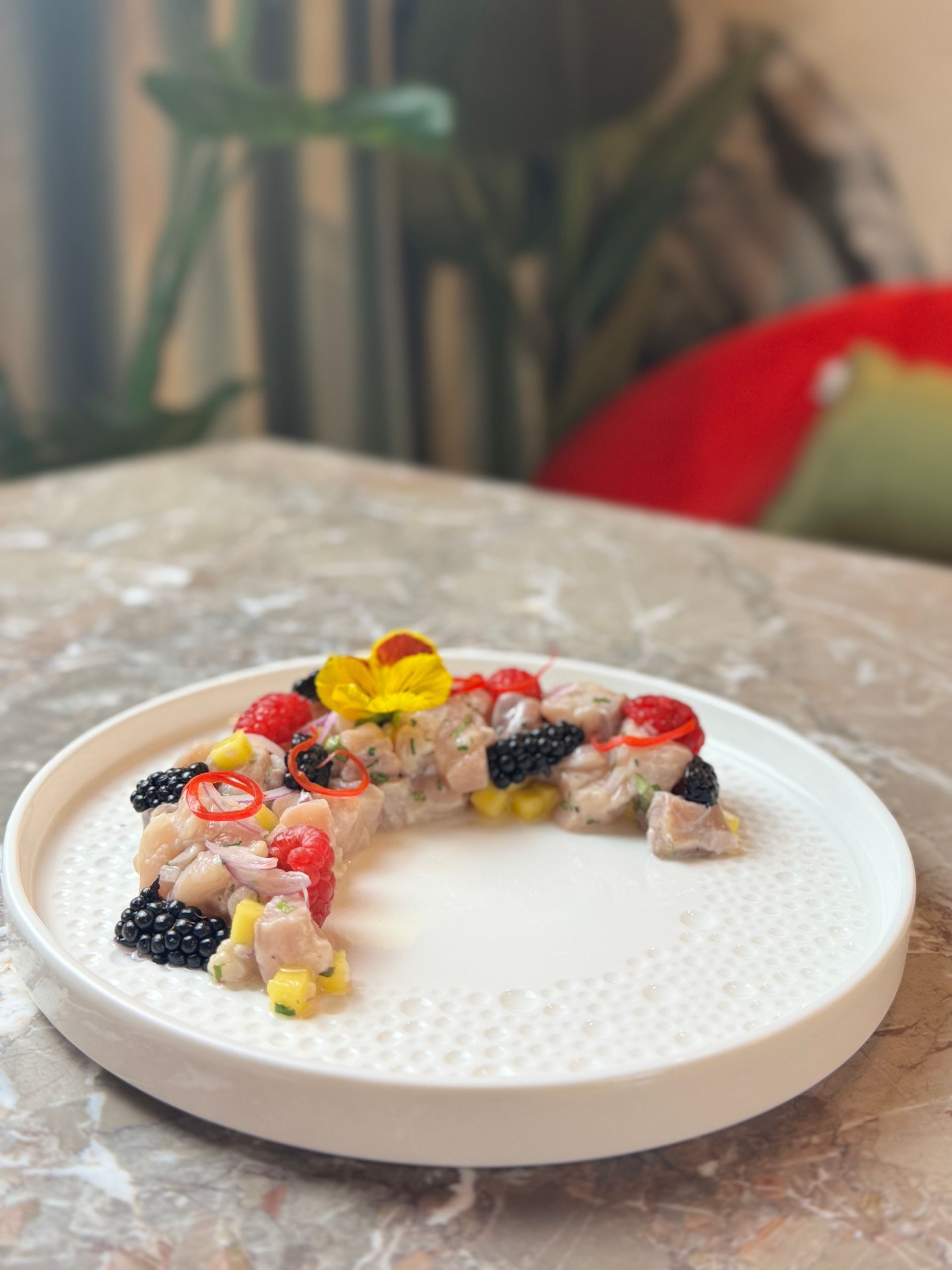 Un piatto bianco dalla superficie ruvida, con una porzione di ceviche disposta a forma curva e guarnita con more, fettine di peperoncino rosso e un fiore giallo.