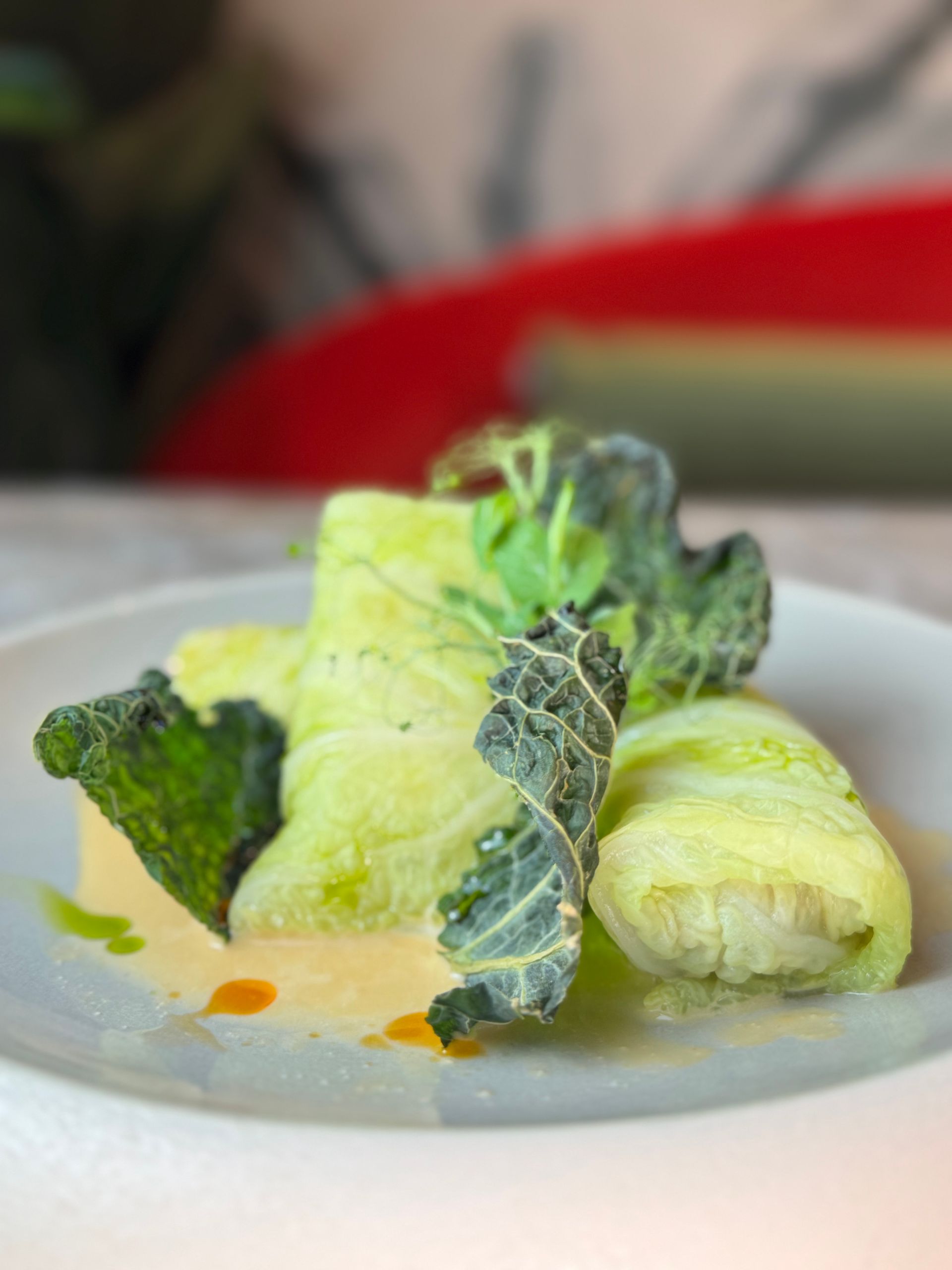 Involtini di cavolo ripieni, serviti con salsa cremosa e guarniti con verdure a foglia verde scuro su un piatto bianco.