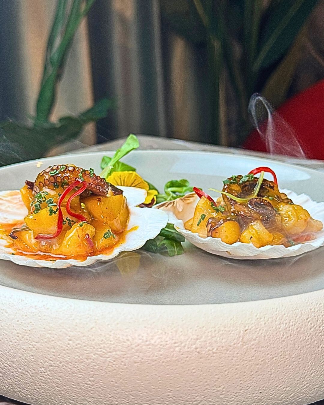 Due capesante preparate e servite nel loro guscio, guarnite con erbe aromatiche, fettine di peperoncino e agrumi su un piatto bianco.