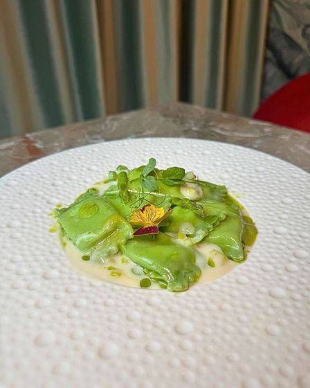 Una porzione di ravioli di un verde brillante, guarniti con un piccolo fiore edibile ed erbe aromatiche fresche, immersi in una leggera salsa alla panna.