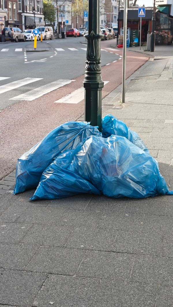 Blue bags of collected litter stacked around a street lamp