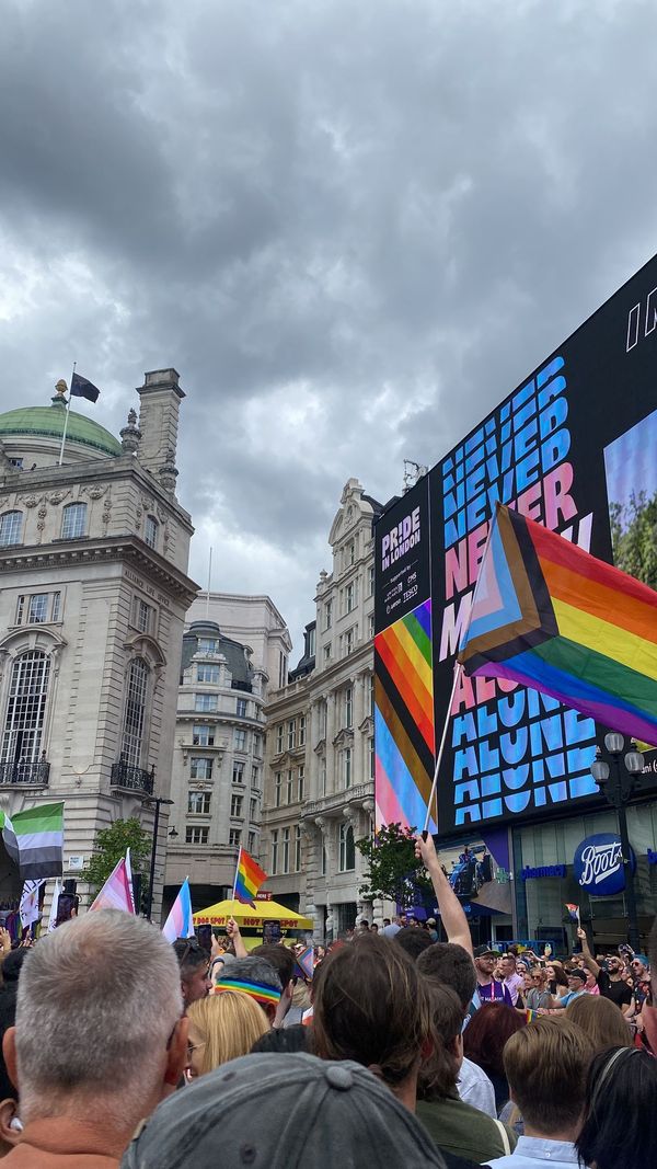 Crowd at a Pride gathering with a progress flag raised overhead