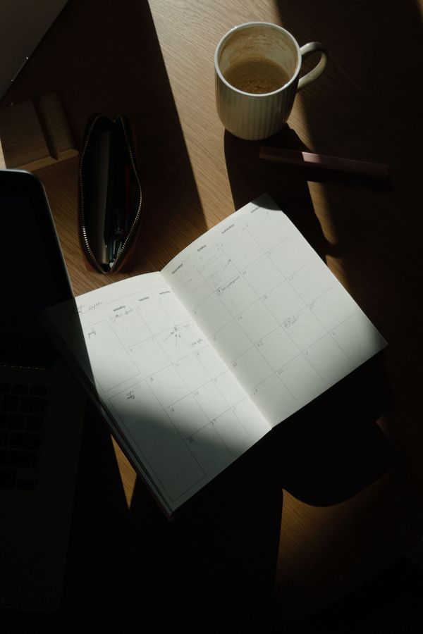 Open monthly planner beside a coffee mug in a beam of sunlight