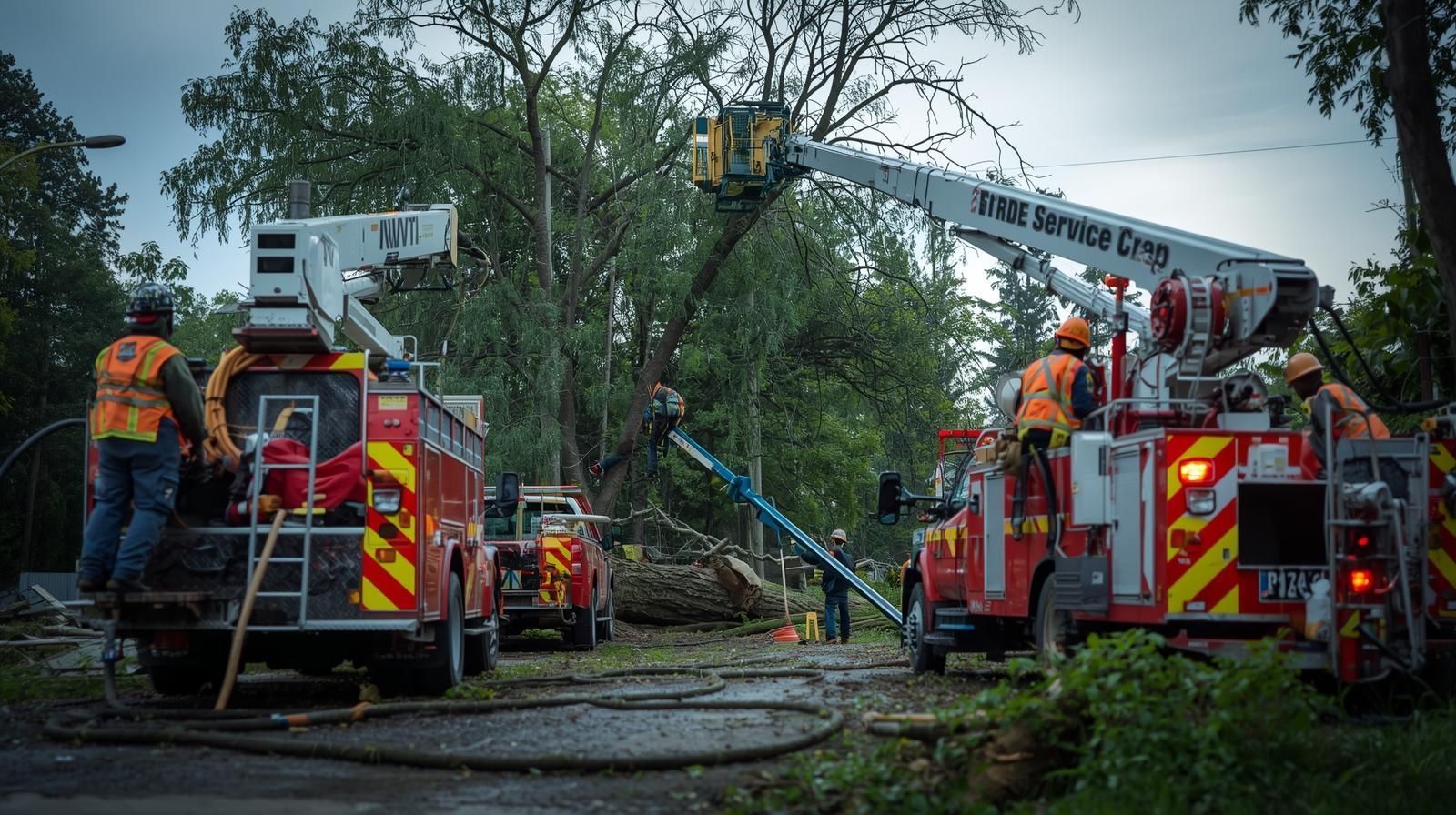 Utility crews in orange vests use bucket trucks and cranes to clear fallen trees and debris from a road after a storm.
