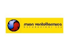 Logo di Mion Ventoltermica: rettangolo giallo con un disegno circolare rosso, blu e nero. Testo in nero.