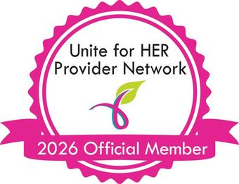 Pink badge logo reading “Unite for HER Provider Network” and “2026 Official Member.”