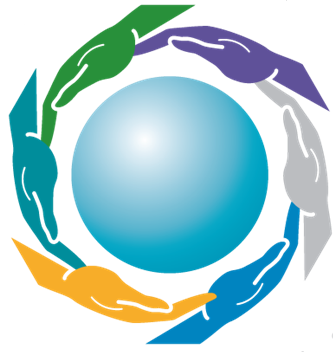 Hands of different colors circling a blue globe, symbolizing global unity.