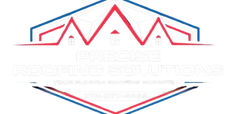 Logo for Precise Roofing Solutions featuring a red roofline icon, white text, and a phone number on a blue background.