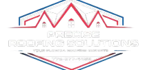 Logo for Precise Roofing Solutions featuring a red roofline icon, white text, and a phone number on a blue background.