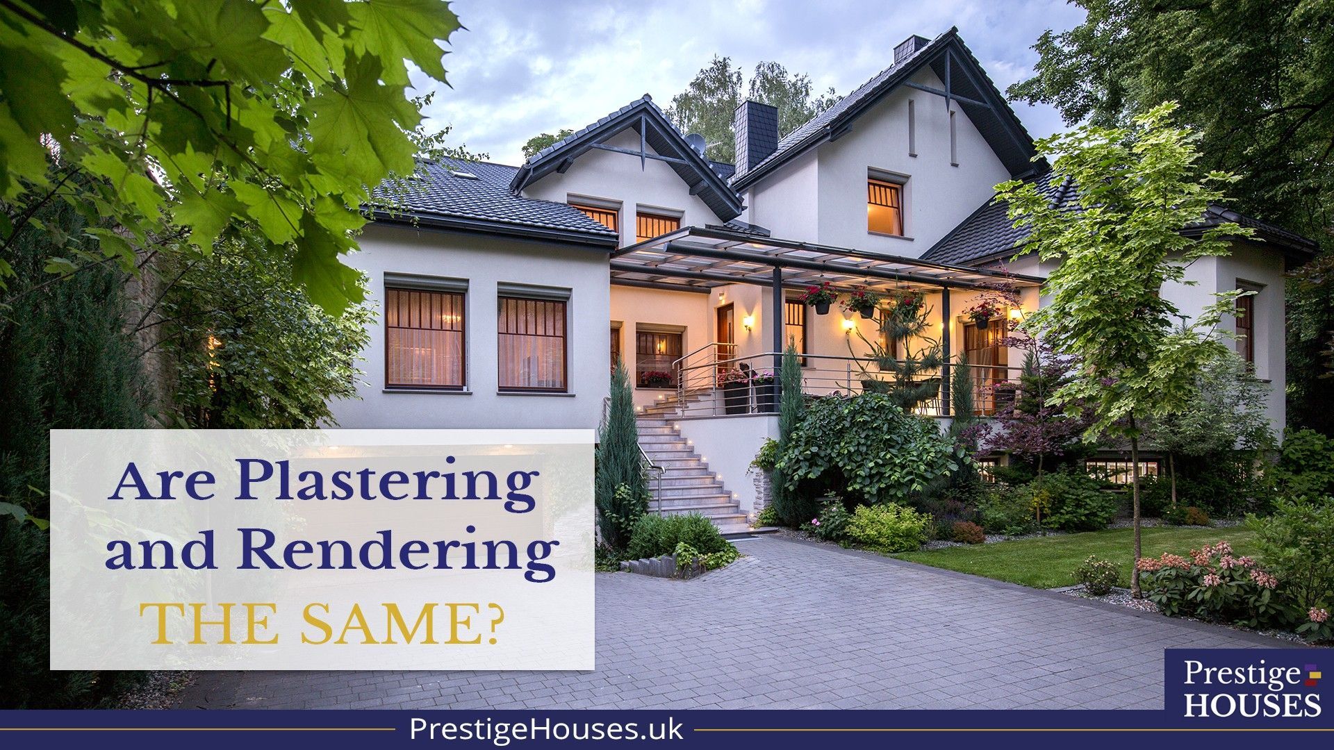 A large white house with a sign that says are plastering and rendering the same